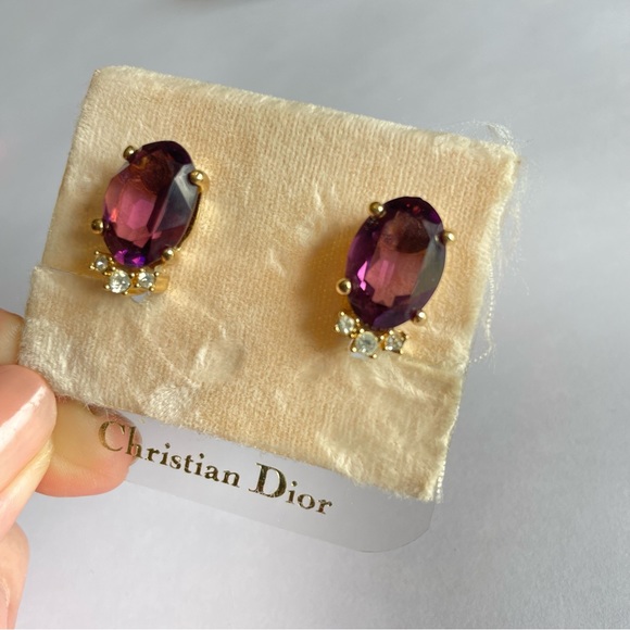 Christian Dior vintage purple amethyst clip on earrings rhinestone luxury - Picture 10 of 10